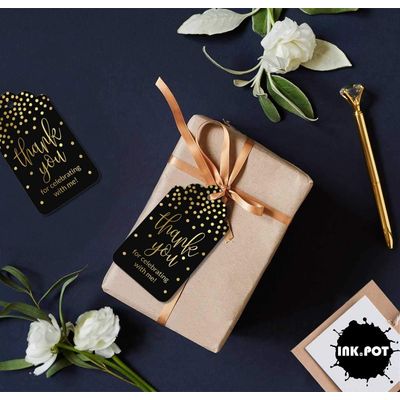 Etiquetas Penduradas em Papel Metalizado "Obrigado por Celebrar Comigo" para Lembrancinhas de Aniversário - Inkdotpot 50 Etiquetas Metalizadas / Preto - Prata