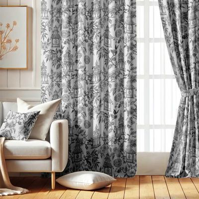 Cortinas Blackout com Estampa Jardim Pagoda Branca, Conjunto de 2 Painéis, Isolamento Térmico, Escurecimento, Ilhós - Vargottam 106,68 Cm (L) × 274,32 Cm (C) / Branco