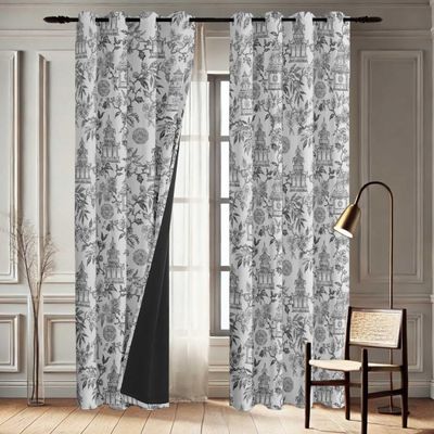 Cortinas Blackout com Estampa Jardim Pagoda Branca, Conjunto de 2 Painéis, Isolamento Térmico, Escurecimento, Ilhós - Vargottam 106,68 Cm (L) × 274,32 Cm (C) / Branco