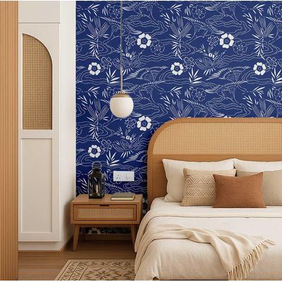 Papel de Parede Botânico Branco, Estilo Asiático, Vinil Autoadesivo Decorativo, Aplicação DIY Fácil para Quartos e Salas, Azul - S4Sassy 63,5 cm (L) × 304,8 cm (C) / Azul - Vinil Liso