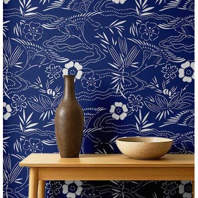 Papel de Parede Botânico Branco, Estilo Asiático, Vinil Autoadesivo Decorativo, Aplicação DIY Fácil para Quartos e Salas, Azul - S4Sassy 63,5 cm (L) × 152,4 cm (C) / Azul - Vinil Liso