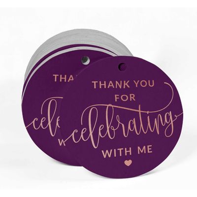 Tag de Papel para Pendurar de Lembrancinha de Aniversário "Obrigado por Celebrar Comigo" Metalizado - Inkdotpot 50 Etiquetas Metalizadas / Roxo - Ouro Rosé
