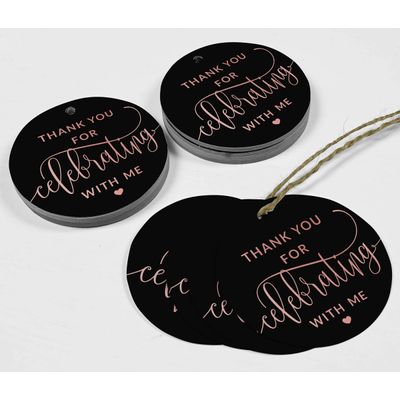 Etiquetas de Papel Metalizado 'Obrigado por Celebrar Comigo' para Lembrancinhas de Aniversário - Inkdotpot 100 Etiquetas Metalizadas / Preto - Ouro Rosé