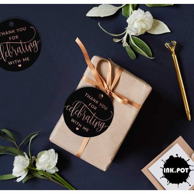 Etiquetas de Papel Metalizado 'Obrigado por Celebrar Comigo' para Lembrancinhas de Aniversário - Inkdotpot 100 Etiquetas Metalizadas / Preto - Ouro Rosé