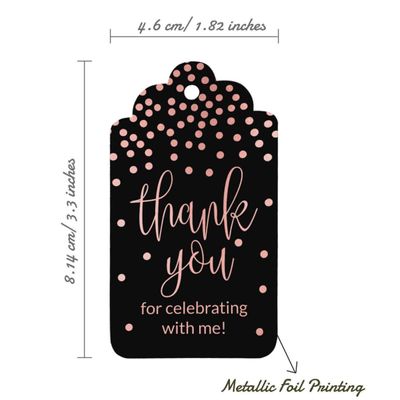 Etiquetas Penduradas em Papel Metalizado "Obrigado por Celebrar Comigo" para Lembrancinhas de Aniversário - Inkdotpot 50 Etiquetas Metalizadas / Preto - Ouro Rosé