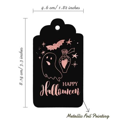 Etiquetas de Papel Foil "Feliz Halloween" Para Lembrancinhas e Para Pendurar - Inkdotpot 100 Etiquetas Metalizadas / Preto - Ouro Rosé