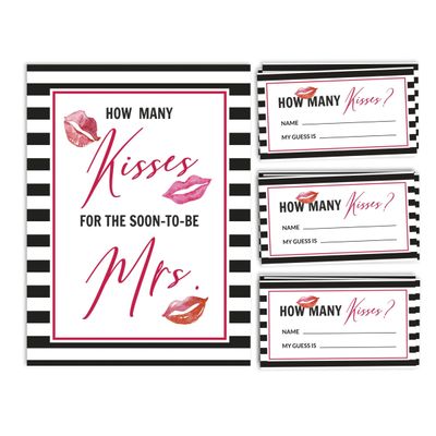 50 Cartões Quadrados Listrados 'Kiss' Brancos para Presentes - Jogo The Miss Good Bye Chá de Noiva/Despedida de Solteira - Inkdotpot 8,89 Cm × 5,08 Cm / Branco - Quantos Beijos?