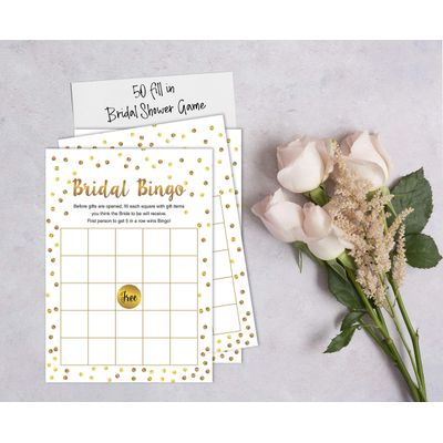 Pacote com 50 Cartões Quadrados em Branco com Confete Dourado para Chá de Noiva e Despedida de Solteira - Inkdotpot 12,7 Cm × 17,78 Cm / Branco - Bingo da Noiva