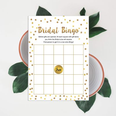 Pacote com 50 Cartões Quadrados em Branco com Confete Dourado para Chá de Noiva e Despedida de Solteira - Inkdotpot 12,7 Cm × 17,78 Cm / Branco - Bingo da Noiva