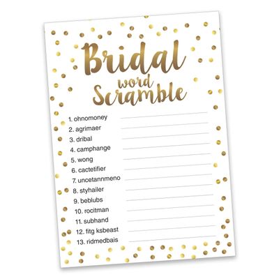 Pacote com 50 Cartões Quadrados em Branco com Confete Dourado para Chá de Noiva e Despedida de Solteira - Inkdotpot 12,7 Cm × 17,78 Cm / Branco - Jogo de Palavras da Noiva