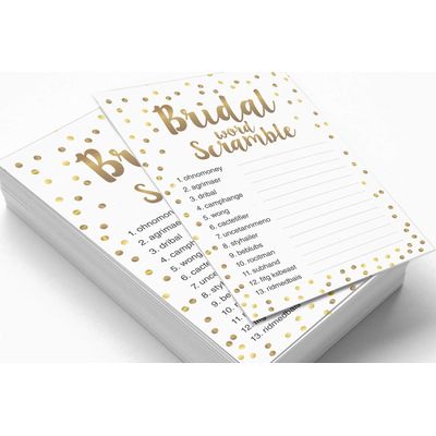 Pacote com 50 Cartões Quadrados em Branco com Confete Dourado para Chá de Noiva e Despedida de Solteira - Inkdotpot 12,7 Cm × 17,78 Cm / Branco - Jogo de Palavras da Noiva