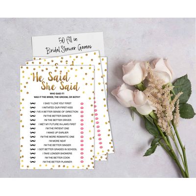 Pacote com 50 Cartões Quadrados em Branco com Confete Dourado para Chá de Noiva e Despedida de Solteira - Inkdotpot 12,7 Cm × 17,78 Cm / Branco - Ele Disse, Ela Disse
