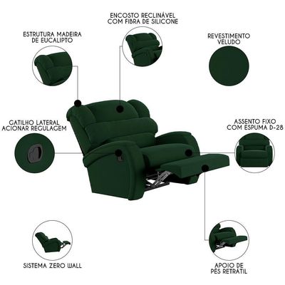 Poltrona Do Papai Reclinável Kalie Manual Gatilho Fh9 Veludo Verde - Mpozenato