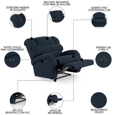 Poltrona Do Papai Reclinável Kalie Power Touch Usb Fh9 Veludo Azul - Mpozenato