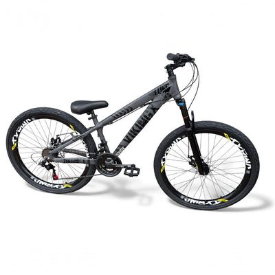 Bicicleta aro26 Vikingx Tuff Freeride 21v aroVmaxx FreioDisco Garfo Suspensão Pneu Flame CinzaPreto