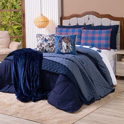 Kit Edredom Solteiro Country Com Almofadas Estampadas 05 Peças - Dupla Face Percal 300 Fios Cor Azul