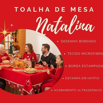 Toalha De Mesa 6 Lugares Retangular Avulsa Bordada Natalina Boneco De Neve Vermelho 2,20m X 1,50m