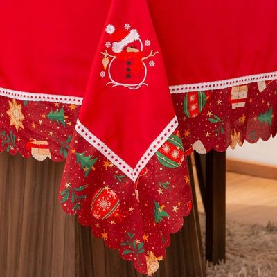Toalha De Mesa 6 Lugares Retangular Avulsa Bordada Natalina Boneco De Neve Vermelho 2,20m X 1,50m