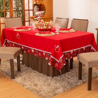 Toalha De Mesa 6 Lugares Retangular Avulsa Bordada Natalina Boneco De Neve Vermelho 2,20m X 1,50m