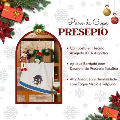 Pano De Copa Avulso Bordado Felpudo Presépio Natalino - Decoração Natal Guardanapo De Prato 100% Algodão Alvejado