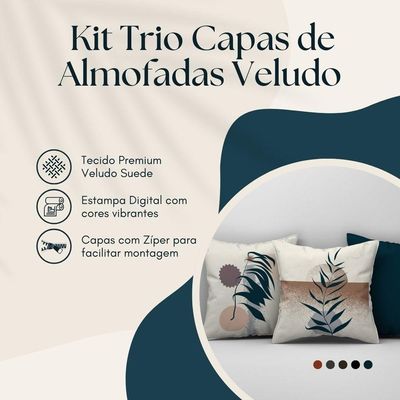Kit Trio Capas De Almofadas Estampadas Folhas Em Veludo Suede 45cm X 45cm - Decoração Luxo Para Sala Cor Verde Escuro