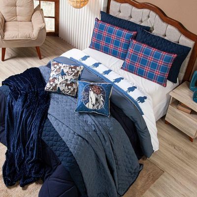 Kit Edredom Queen Country Com Almofadas Estampadas 07 Peças - Dupla Face Percal 300 Fios Cor Azul