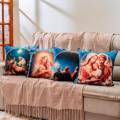 Kit Com 4 Capas De Almofadas Estampadas Natalinas 45cm X 45cm - Decorativas Festas Ceia Fim De Ano Cor Religioso Azul