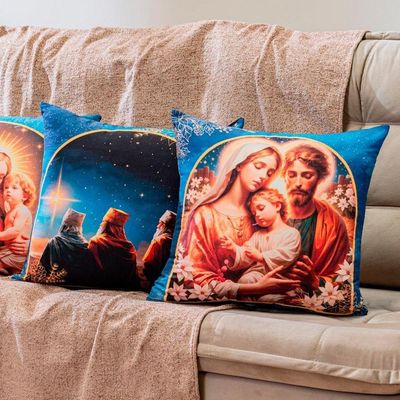 Kit Com 4 Capas De Almofadas Estampadas Natalinas 45cm X 45cm - Decorativas Festas Ceia Fim De Ano Cor Religioso Azul
