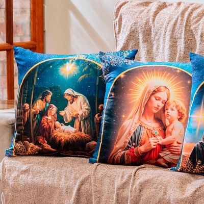 Kit Com 4 Capas De Almofadas Estampadas Natalinas 45cm X 45cm - Decorativas Festas Ceia Fim De Ano Cor Religioso Azul