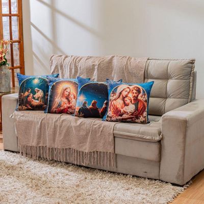 Kit Com 4 Capas De Almofadas Estampadas Natalinas 45cm X 45cm - Decorativas Festas Ceia Fim De Ano Cor Religioso Azul