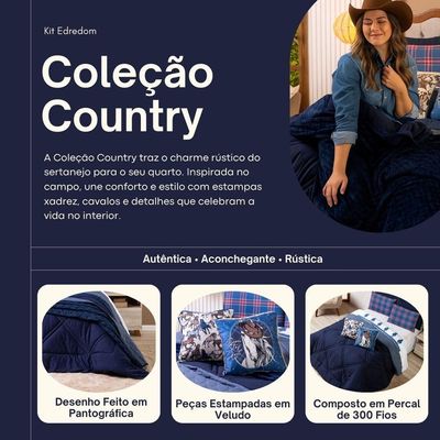 Kit Edredom King Country Com Almofadas Estampadas 07 Peças - Dupla Face Percal 300 Fios Cor Azul