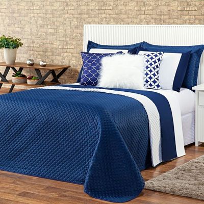 Kit Cobre Leito Colcha King Miami Azul Marinho/branco Dupla Face Com Almofadas Estampadas 06 Peças