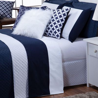 Kit Cobre Leito Colcha King Miami Azul Marinho/branco Dupla Face Com Almofadas Estampadas 06 Peças