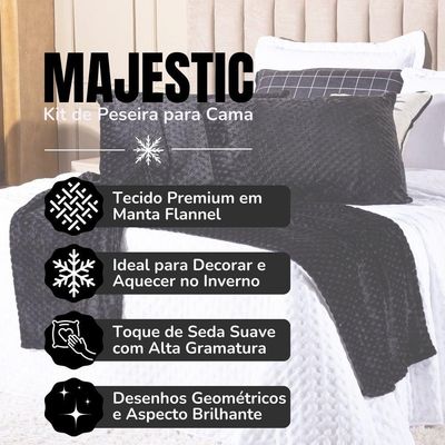 Kit De Peseira Para Cama Majestic Com Fronhas 03 Peças - Tecido Mantinha Flannel Em Toque De Seda Brilhante Cor Preto
