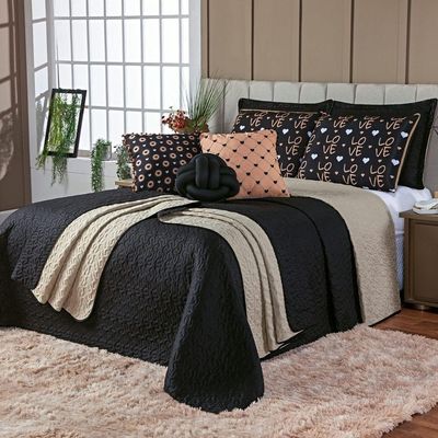 Kit Cobre Leito Colcha Queen Golden Love Preto/caqui Dupla Face Com Almofadas Estampadas 08 Peças
