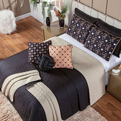 Kit Cobre Leito Colcha Queen Golden Love Preto/caqui Dupla Face Com Almofadas Estampadas 08 Peças
