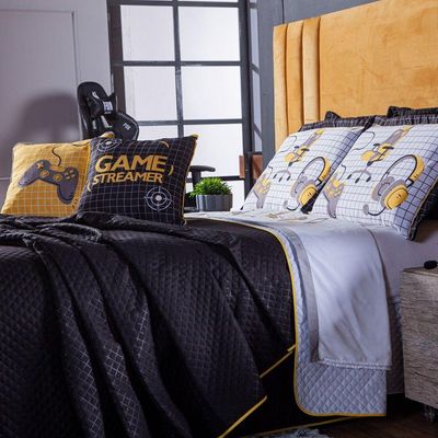 Kit Cobre Leito Colcha Queen Game Streamer Amarelo Dupla Face Com Almofadas Estampadas 07 Peças
