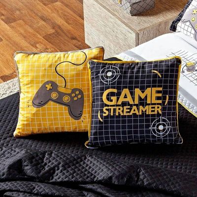 Kit Cobre Leito Colcha Queen Game Streamer Amarelo Dupla Face Com Almofadas Estampadas 07 Peças