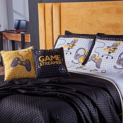 Kit Cobre Leito Colcha Queen Game Streamer Amarelo Dupla Face Com Almofadas Estampadas 07 Peças