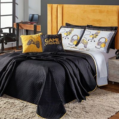 Kit Cobre Leito Colcha Queen Game Streamer Amarelo Dupla Face Com Almofadas Estampadas 07 Peças