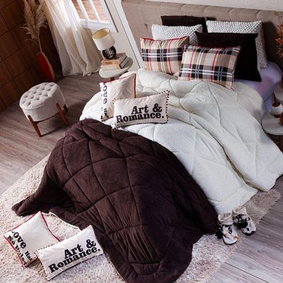 Kit Coberdrom Cobertor King Romance Tabaco Dupla Face Com Almofadas Estampadas 05 Peças - Tecido Mantinha E Sherpa