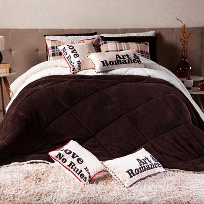 Kit Coberdrom Cobertor King Romance Tabaco Dupla Face Com Almofadas Estampadas 05 Peças - Tecido Mantinha E Sherpa