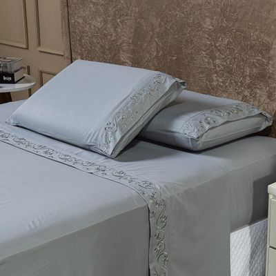 Jogo De Cama Lençol Queen Blossom Bordado Floral Percal 300 Fios Com Fronhas 04 Peças - Toque Acetinado Cor Cinza