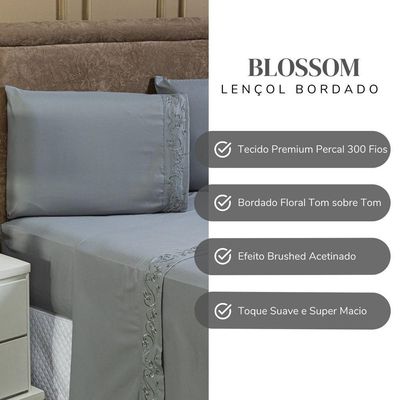 Jogo De Cama Lençol Queen Blossom Bordado Floral Percal 300 Fios Com Fronhas 04 Peças - Toque Acetinado Cor Cinza