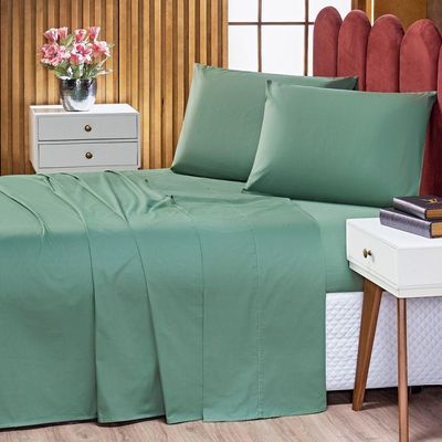 Jogo De Cama Lençol Queen Prestige Com Fronhas 04 Peças - Tecido Liso Percal 300 Fios 100% Algodão Original Cor Verde