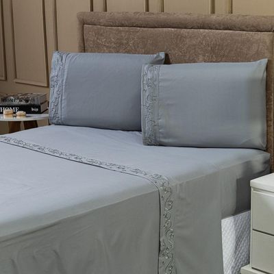 Jogo De Cama Lençol Queen Blossom Bordado Floral Percal 300 Fios Com Fronhas 04 Peças - Toque Acetinado Cor Cinza
