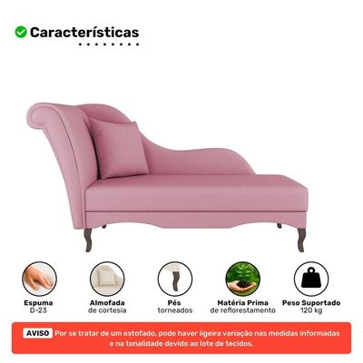 Divã Recamier Chaise Longue Valentina Clássico Com Pés De Madeira Suede Rosa - Desk Design