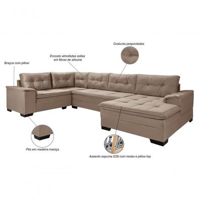 Sofá Viena 3 Lugares Com Chaise E Canto Premium Império Chocolate Chocolate 377
