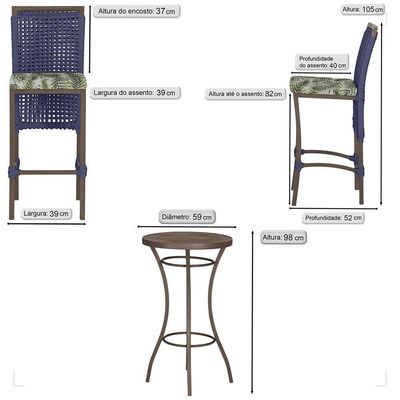 Mesa Bistrô E 4 Banquetas Roma Marrom Corda Estofado 5 Trama Azul