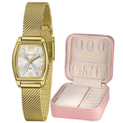 Relógio Lince Feminino Ref: Lqgh278l22 S2kx Dourado Retangular Estojo Porta Joia